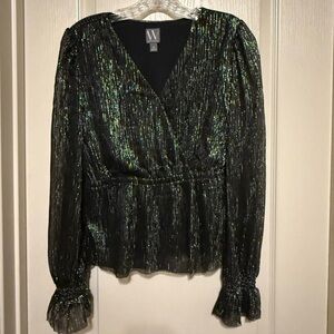 Worthington Black and Green Metallic Blouse